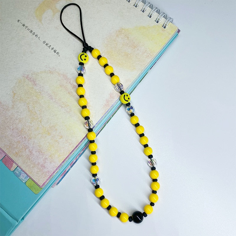 Collier téléphone perles jaune avec smile